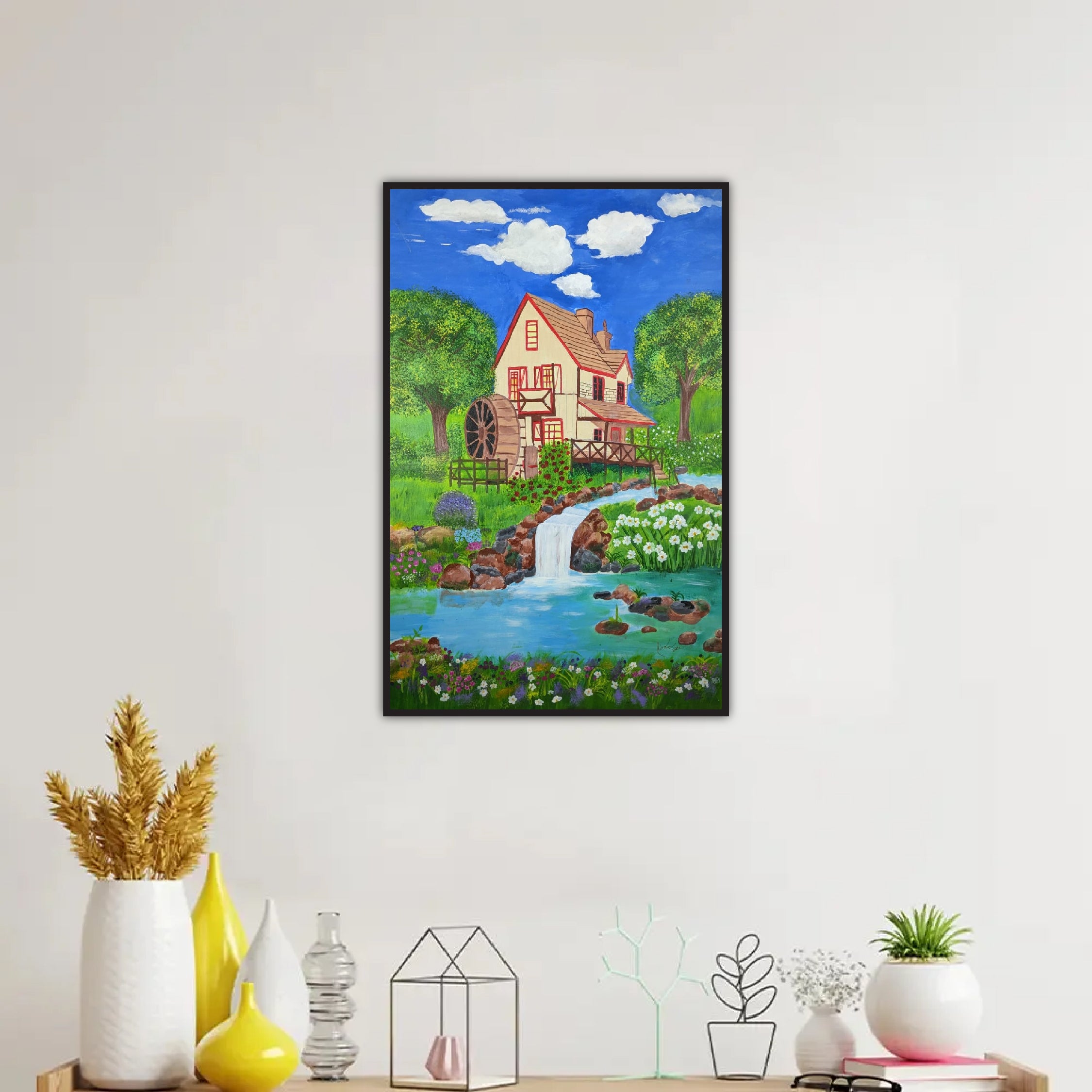 Rustic Watermill Landscape Painting