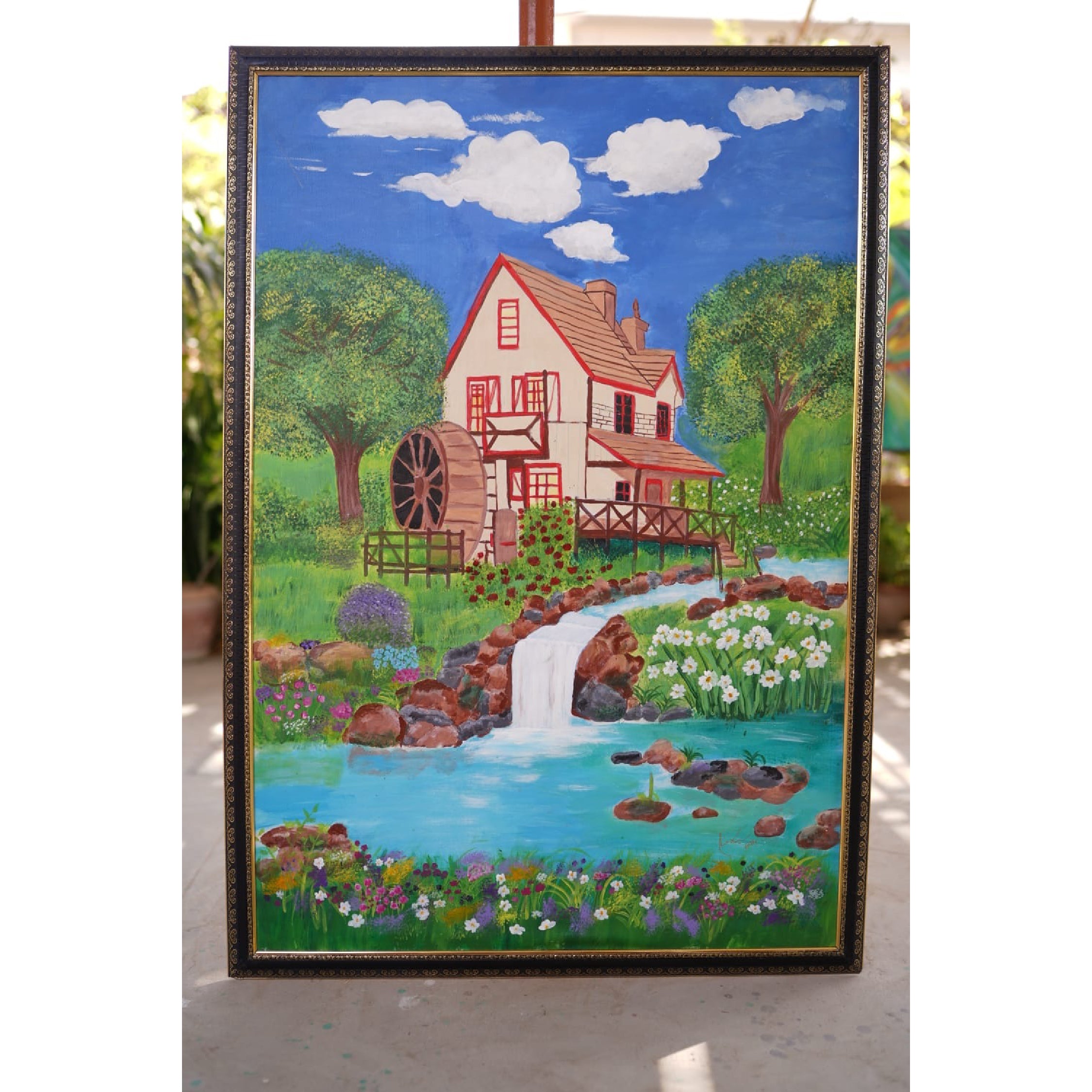 Rustic Watermill Landscape Painting