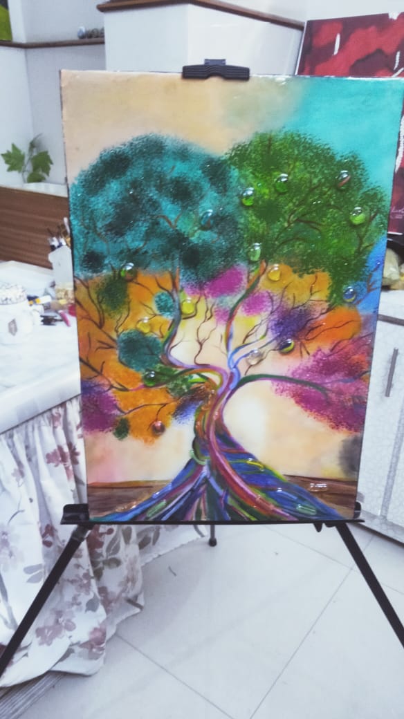 Colorful Abstract Tree Painting with Glass Beads