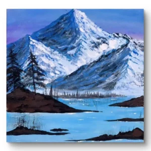 Hand-painted frozen mountain landscape featuring snow-covered peaks, evergreen trees, and a serene blue lake under a winter sky.