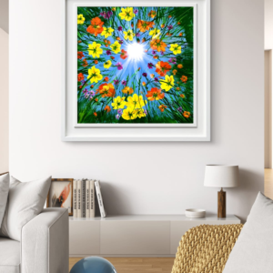 Colorful-Wildflower-Meadow-Viewed-From-Below-With-Bright-Blue-Sky-And-Glowing-Sun
