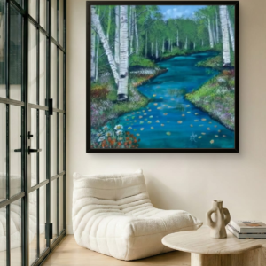 Hand-painted-Style-Birch-Forest-Landscape-With-A-Winding-Stream-And-Peaceful-Natural-Scenery
